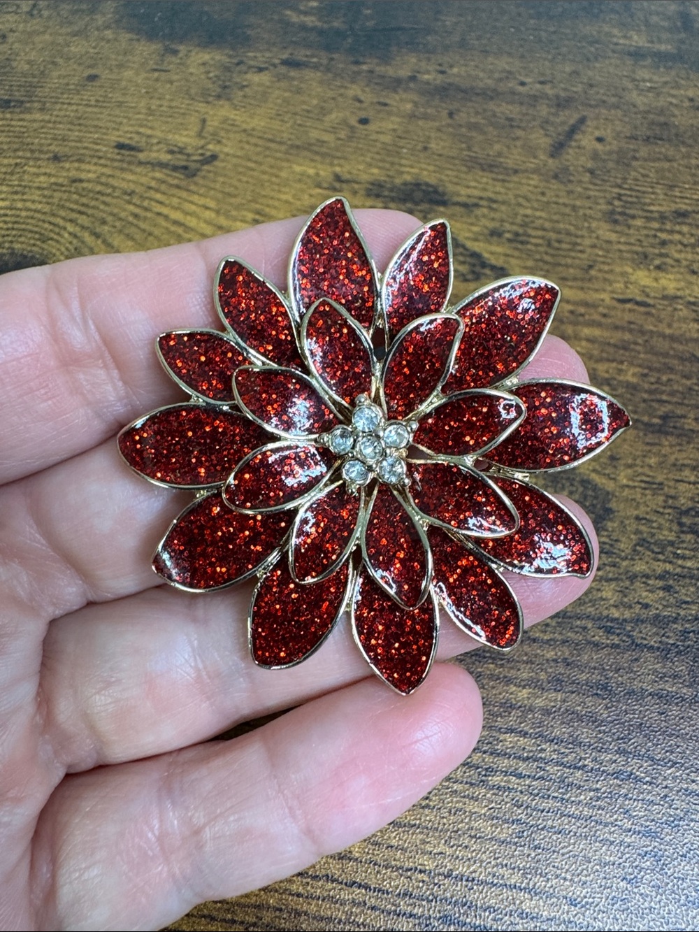 Vintage Red Glitter Floral Poinsettia Brooch with Crystal Cluster